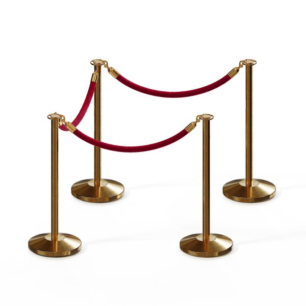 Montour Line Stanchion Post and Rope Kit Sat.Brass, 4 Flat Top 3 Maroon Rope C-Kit-4-SB-FL-3-PVR-MN-PB